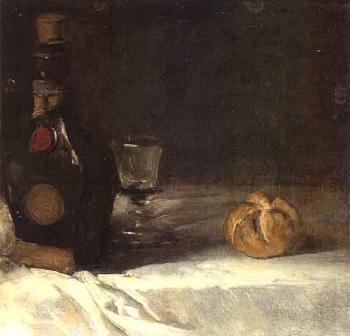 Still life with liqueur bottle, glass and bread roll by 
																	Alois Erdtelt