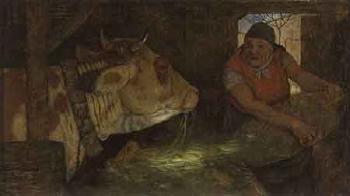 Elderly peasant woman feeding the oxen in a stall by 
																	Adolf Oberlander