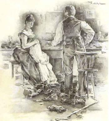 Housemaid and servant boy cleaning shoes by 
																	Friedrich Wahle