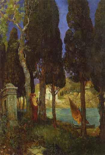 Arcadian landscape with cypress trees by a river by 
																	Alexander Frenz