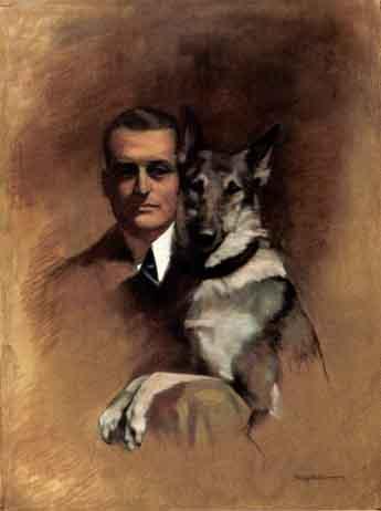 Portrait of man with German shepherd by 
																	Beryl Hight Tumiati