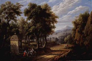 Classical landscape with figures by water source by 
																	Giovanni Maldura