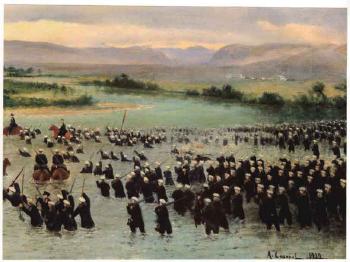 Troops wading across waterway by 
																	Alexander A Sacharov