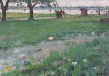 Landscape with horse and cart by waterway by 
																	Albert Aereboe