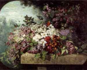 Still life of flowers on a marble ledge by 
																	Jules-Louis Badel