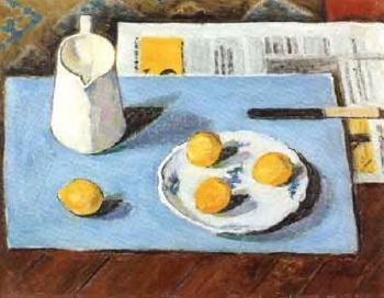 Pot blanc, citrons, assiette et papier bleu by 
																	Gaston Vaudou