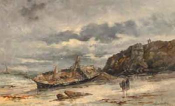 Coastal landscape with abandoned boat and figures by 
																	Stanislaw Galek