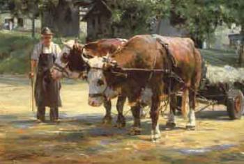 Farmer with a yoke of oxen, farmhouses in background by 
																	Hans Nickel