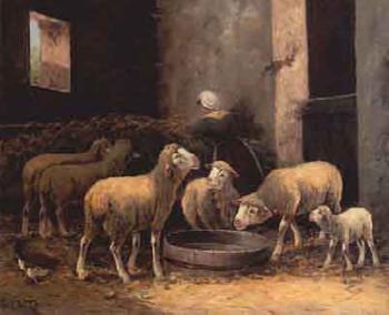 Interior stable scene with sheep and lambs by 
																	Rolf Wass