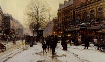 Paris, hiver, neige, Boulevard Bonne Nouvelle, au Theatre du Gymnase by 
																			Eugene Galien-Laloue