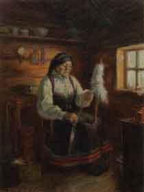 Woman spinning wool by 
																	Lars Osa