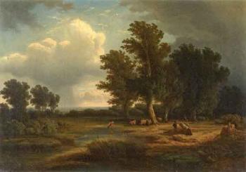 Cattle by water in cloudy summer landscape by 
																	Carl Hafner