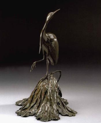 Heron standing on a lotus leaf by 
																	 Kuniyoshi