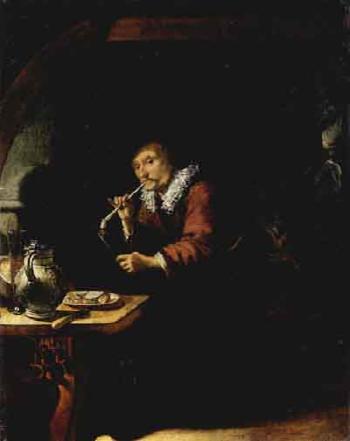 Interior of an inn with a seated man smoking a pipe by 
																	Abraham de Pape