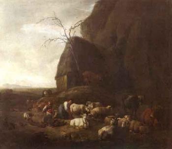 Herder with cattle by cliff by 
																	Jan van Ossenbeeck