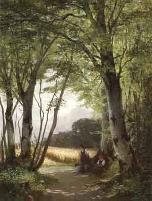 Two girls resting by a path on the edge of a forest by 
																	Johanna Tecklenborg