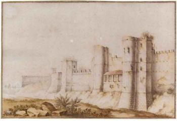 Two views of a walled city, possibly Carcassonne by 
																			Jan van Call