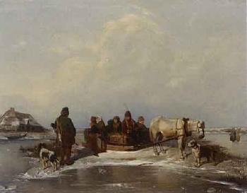 Winter landscape with figures in a horse-drawn sledge by 
																	 Dabreu