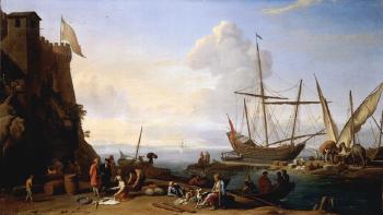 Mediterranean harbour scene with merchants by 
																	Adrien Manglard