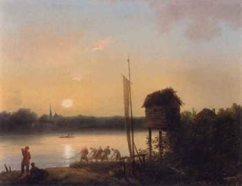 Evening riverscape with fishermen by 
																	Ivan Alexeievitch Ivanow