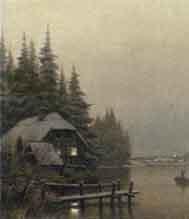 Winter landscape with house by lake by 
																	Ludwig Kabell