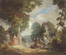 Garden scene with woman watching monk and gentleman by fountain by 
																	Carl Christian Forup