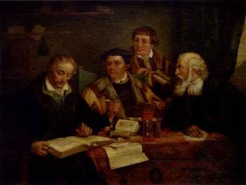 Martin Luther translating the Bible with Melancthon and others by 
																	Pierre Antoine Labouchere