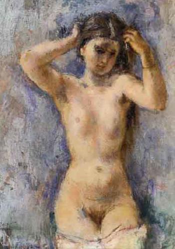 Female nude combing hair by 
																	Franz Danksin