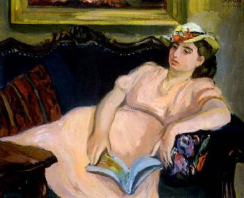Interior with lady on a sofa by 
																	Aurel Emod