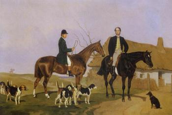 Hunting party with dogs and horses by 
																	B Bachmann-Hohmann
