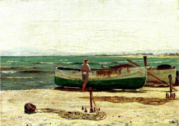 Boats with fisherman by 
																	Salvador Abril y Blasco