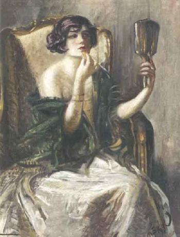 Lady holding a mirror applying lipstick by 
																	Nikolai Lyssak