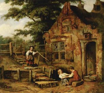 Children playing in front of a house by 
																	Jan Fabius