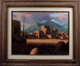 Pueblo village with mountains by 
																	Mark Zillman
