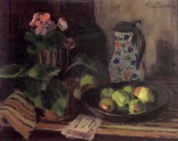 Still life of potted plant, jug and bowl of fruit by 
																	Bernt Tunold