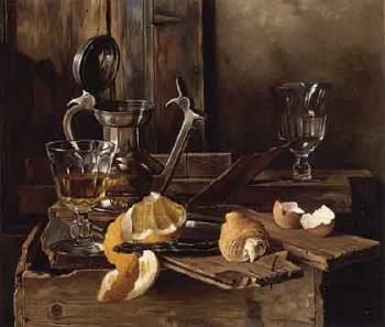 Still life with peeled lemon, glasses and eggshells by 
																	Jan Nagtegaal