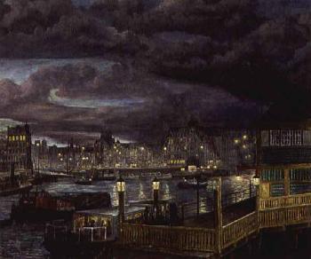 A view of the Damrak, Amsterdam by night by 
																	Gerrit Willem van IJperen