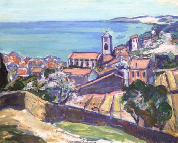 Blue waters, hilltop town Cote d'Azure by 
																	William Mactaggart