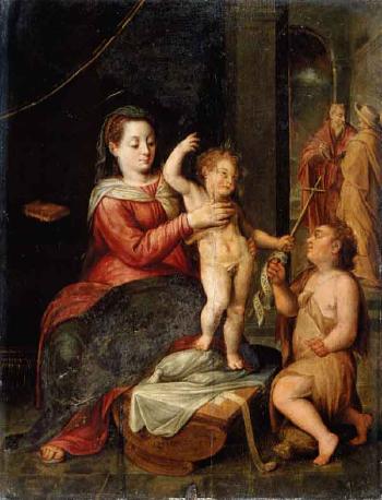Virgin and child in a classical setting, St. John the Baptist kneeling nearby by 
																	Bernard de Ryckere