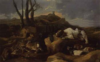 Spaniels stalking rabbits in the dunes, a view of the sea beyond by 
																	Jan Fyt
