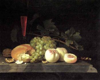Still life with peaches, grapes, walnuts and bread on a stone ledge by 
																	Gillis van Hulsdonck