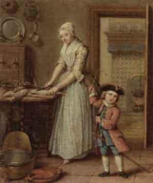 Woman cleaning pots with a boy eating cherries. Woman preparing fish by 
																			Abraham Hendrik van Beesten