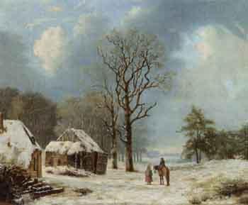 Winter landscape with woodgatherers and travellers by 
																			Johannes Simon Zembsch