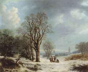 Winter landscape with woodgatherers and travellers by 
																			Johannes Simon Zembsch