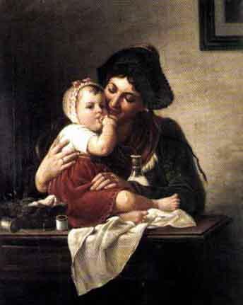 Mother and child at the sewing table by 
																	M Venotti