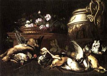 Still life with gamebirds, a basket of flowers and a gilt urn by 
																	Giovanni Paolo Zanardi