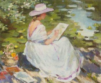 Young lady painting by pond by 
																	Nadia Noukalo
