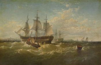 Packet ship backing sails in outer Boston harbour by 
																	Edward Moran