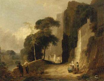 Figures on a riverside path in a gorge by 
																	Robert Edmonstone