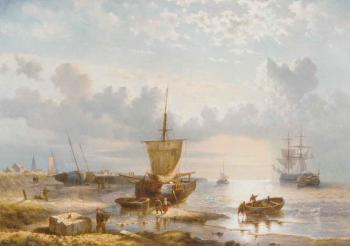 Early morning, daily activities on the beach of Scheveningen by 
																	George Willem Opdenhoff